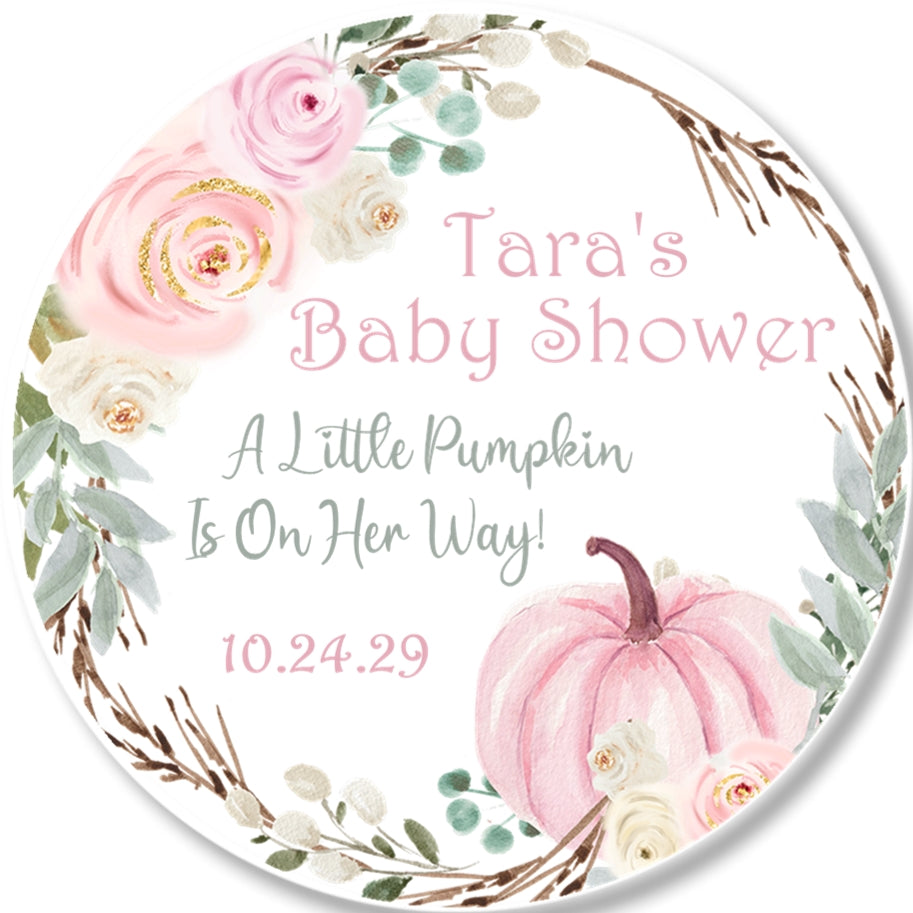 Pink pumpkin baby shower sticker with floral wreath and soft pastel design