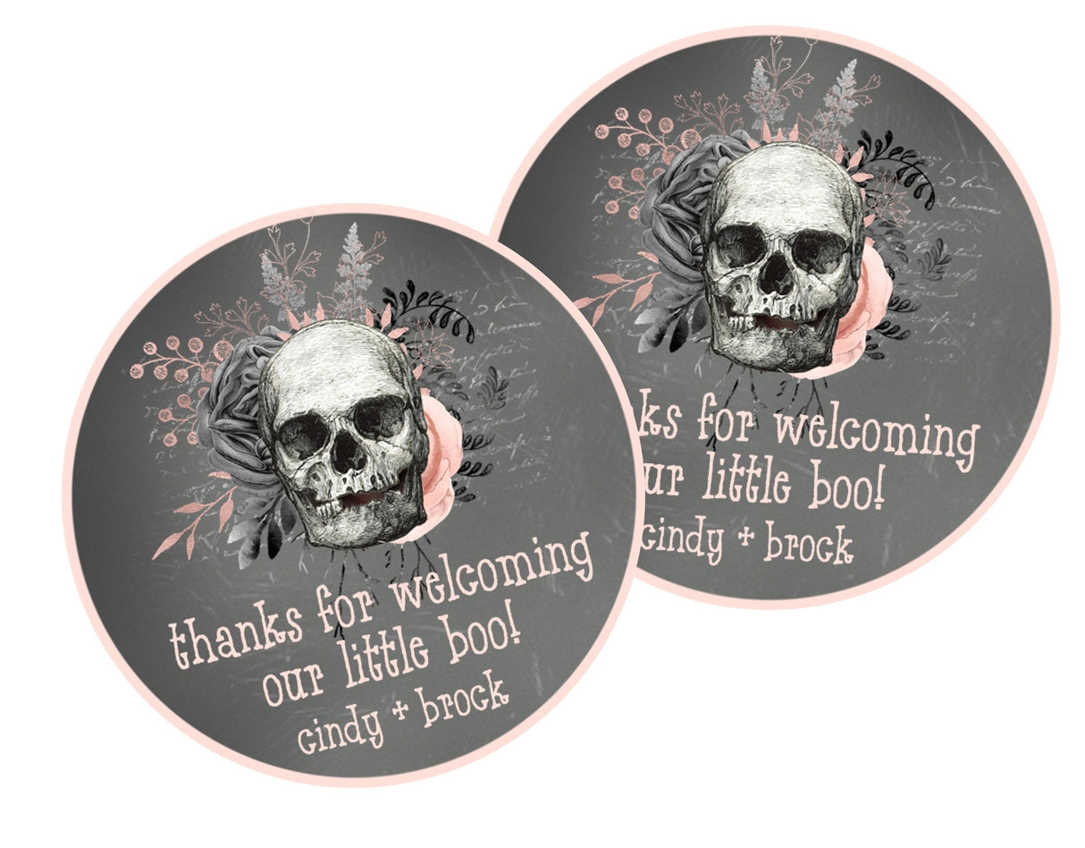 Pink skull baby shower sticker with “Little Boo” text