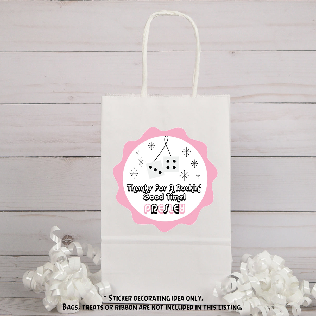 Pink sock hop themed favor sticker