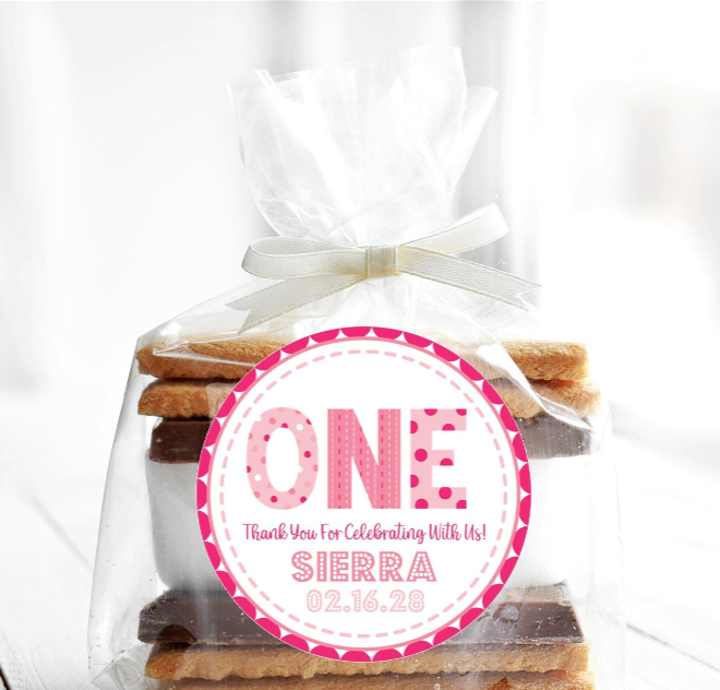 Pink stitched border first birthday sticker