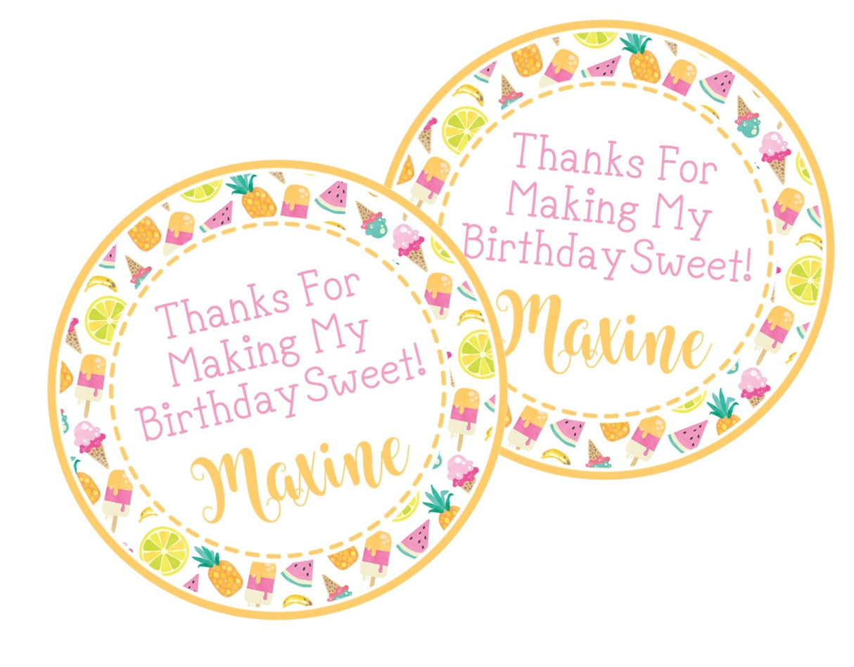 Pink, yellow, green, and orange ice cream cone stickers with colorful fruit accents