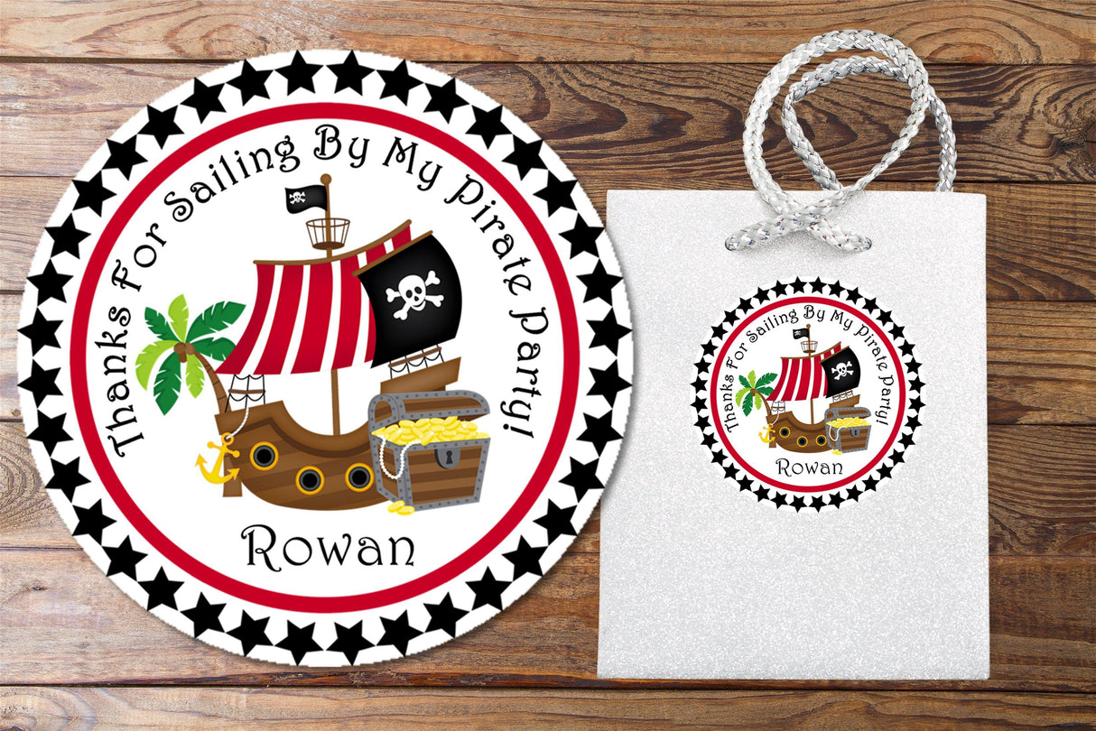 Pirate party favor label with ship, palm tree, and gold coins