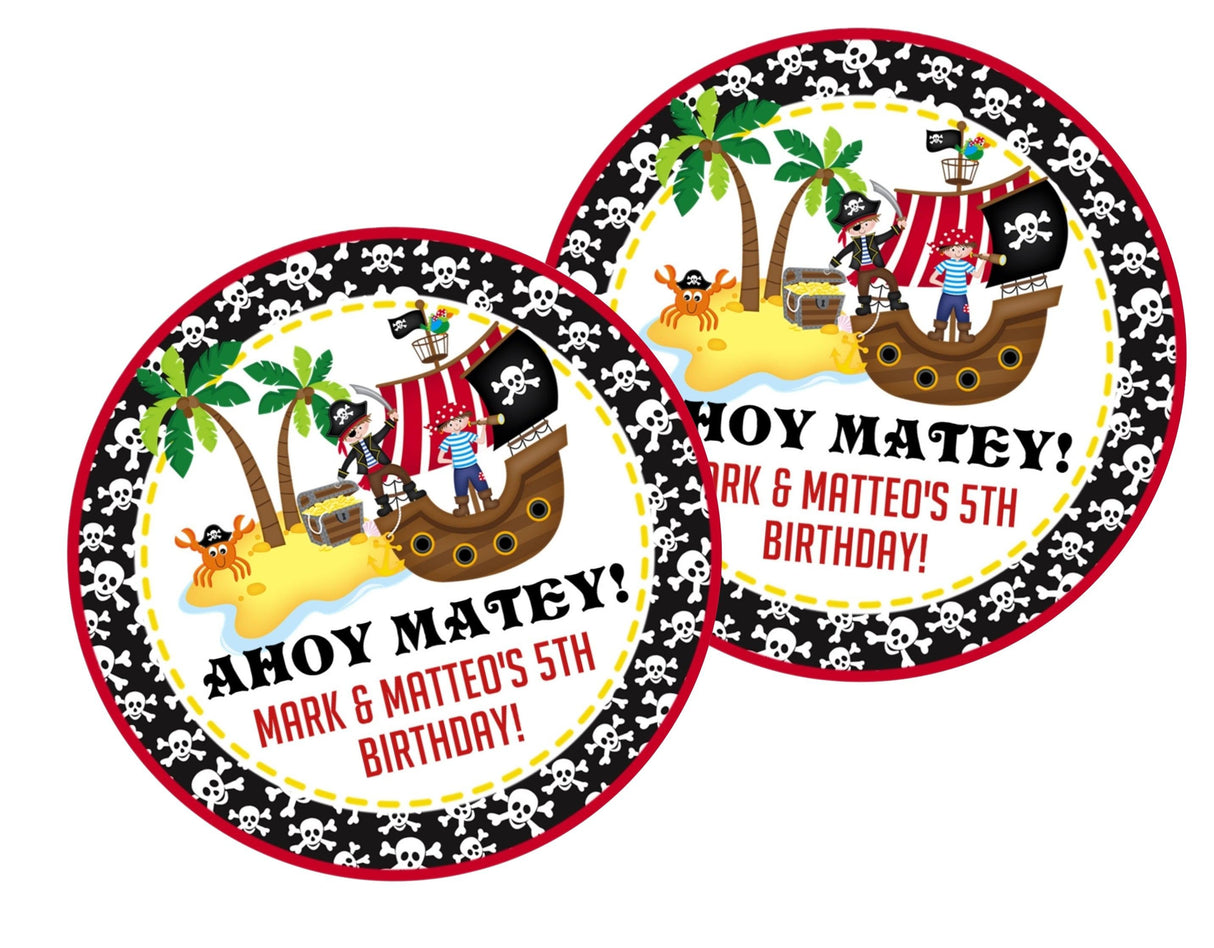 Pirate party label with treasure chest and tropical accents