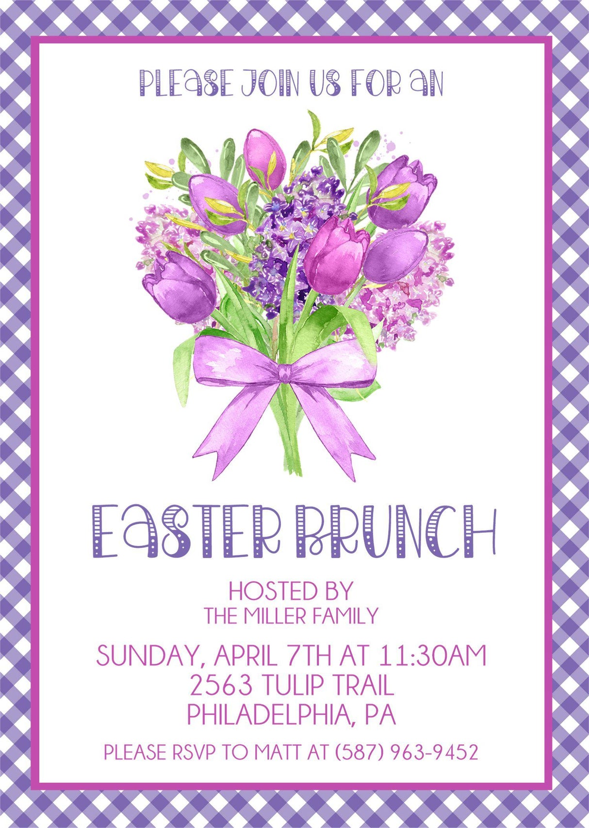 Purple floral spring celebration invitation with check pattern