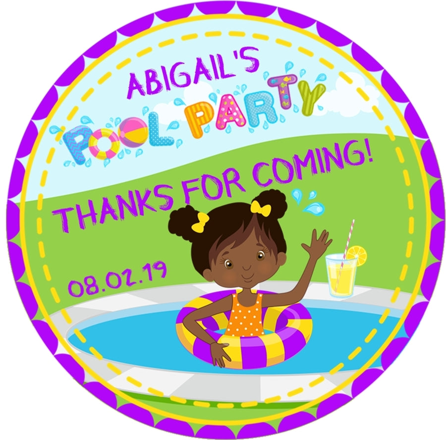 Purple girls pool party sticker for birthday