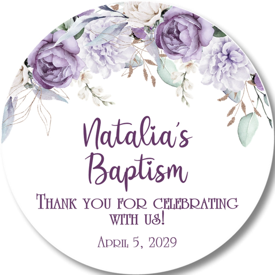 Purple lavender baptism sticker favor label