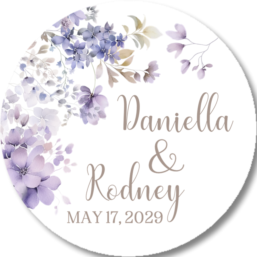Purple watercolor hydrangea floral wedding favor label