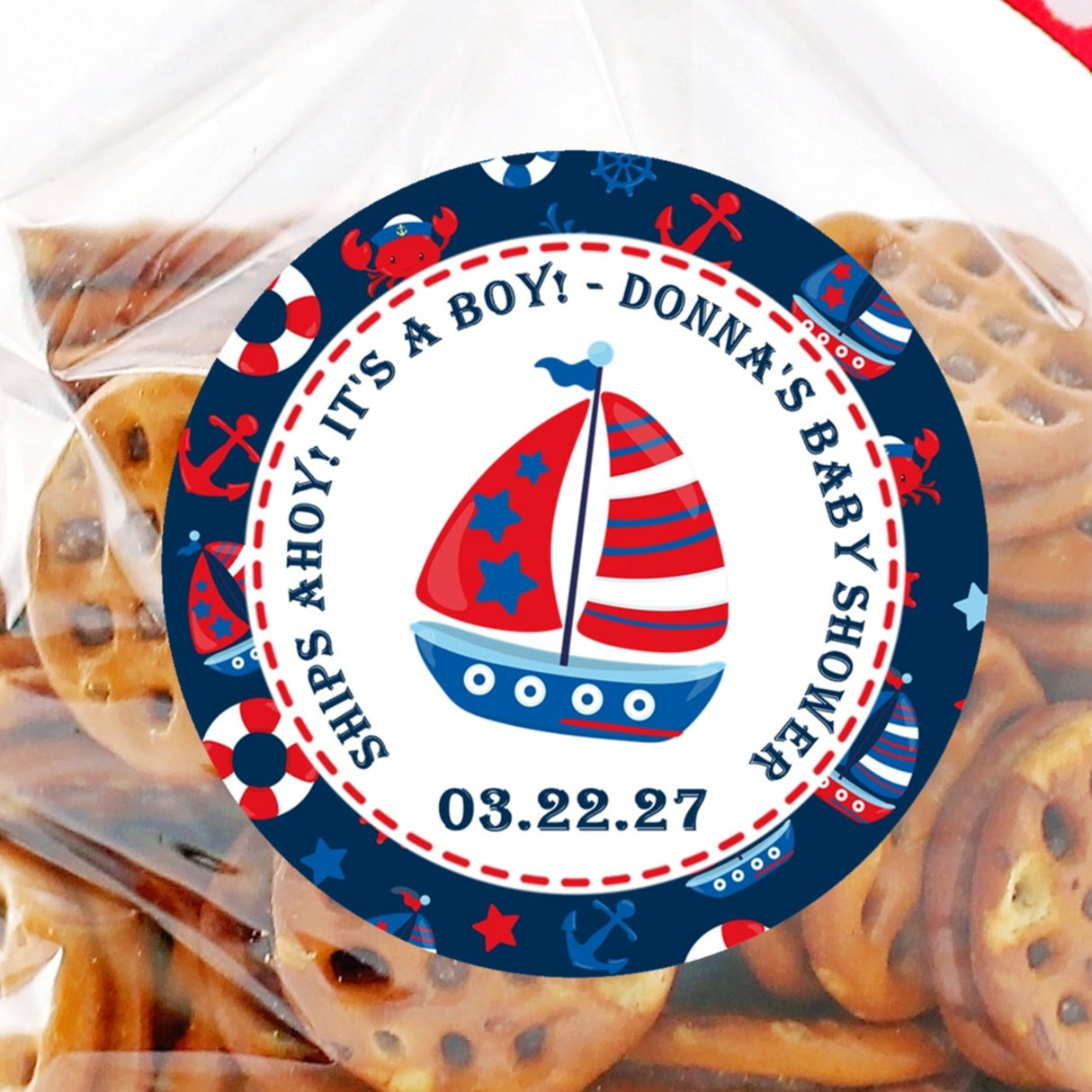 Red and navy nautical baby shower sticker