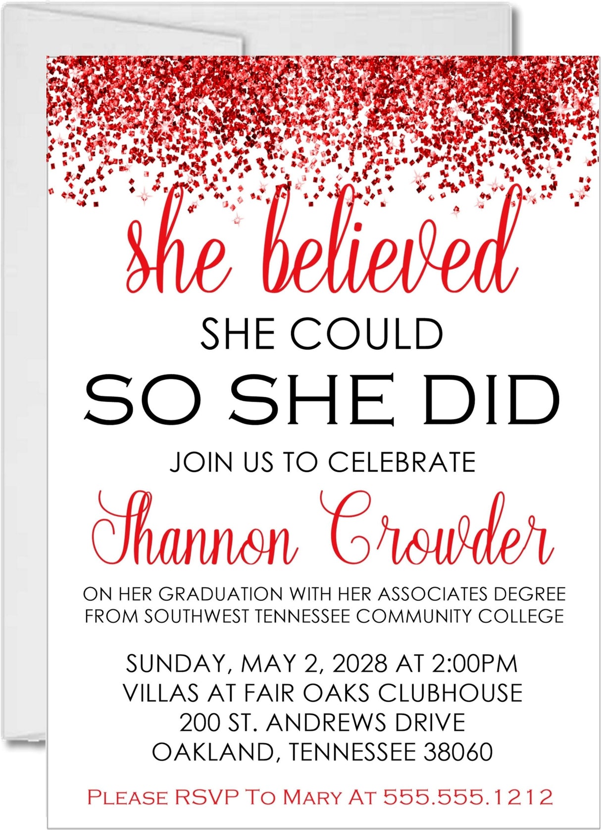 Red and white graduation party invitation with confetti and inspirational quote