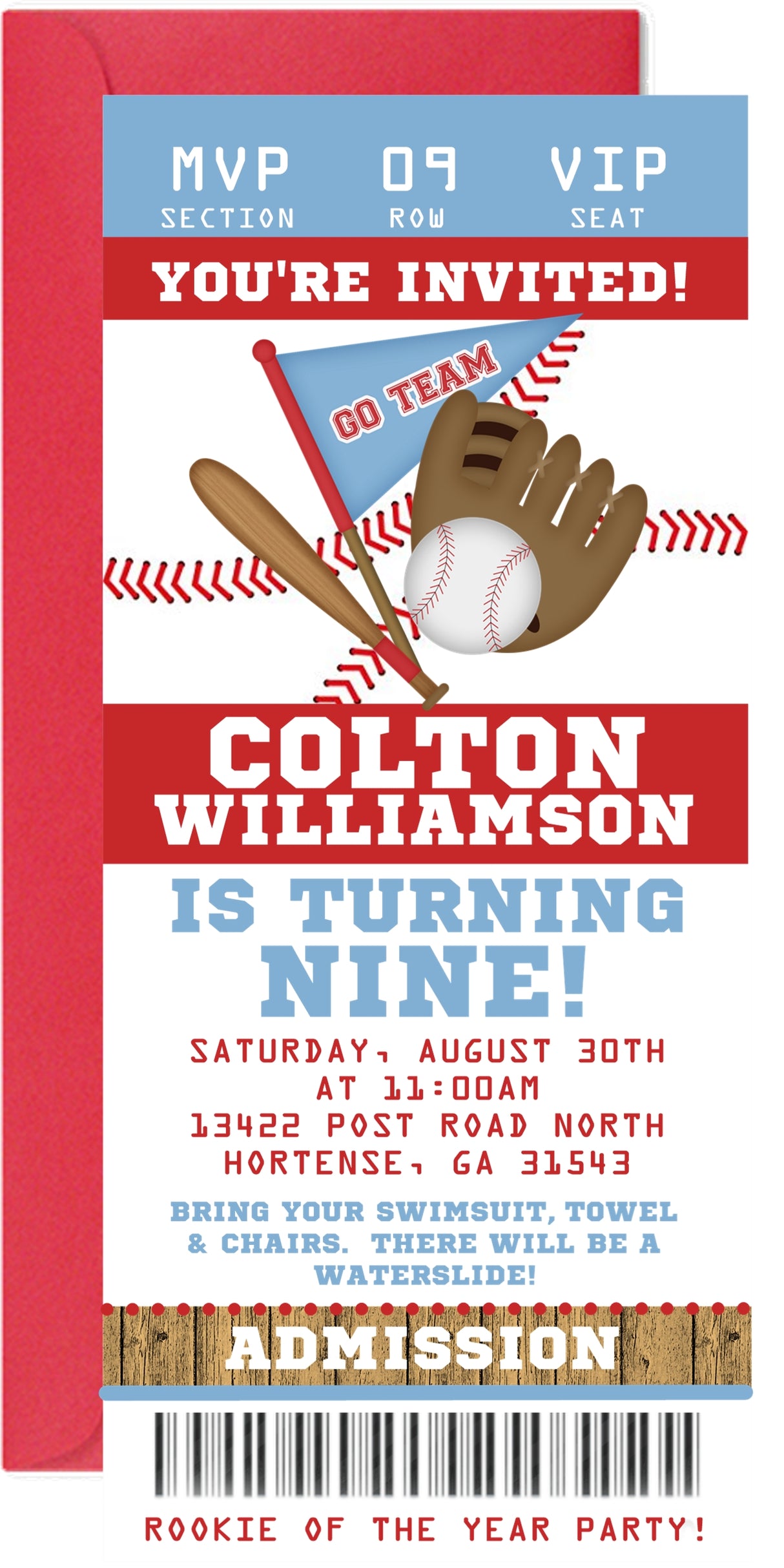 Red blue baseball birthday ticket invitation with admission pass layout