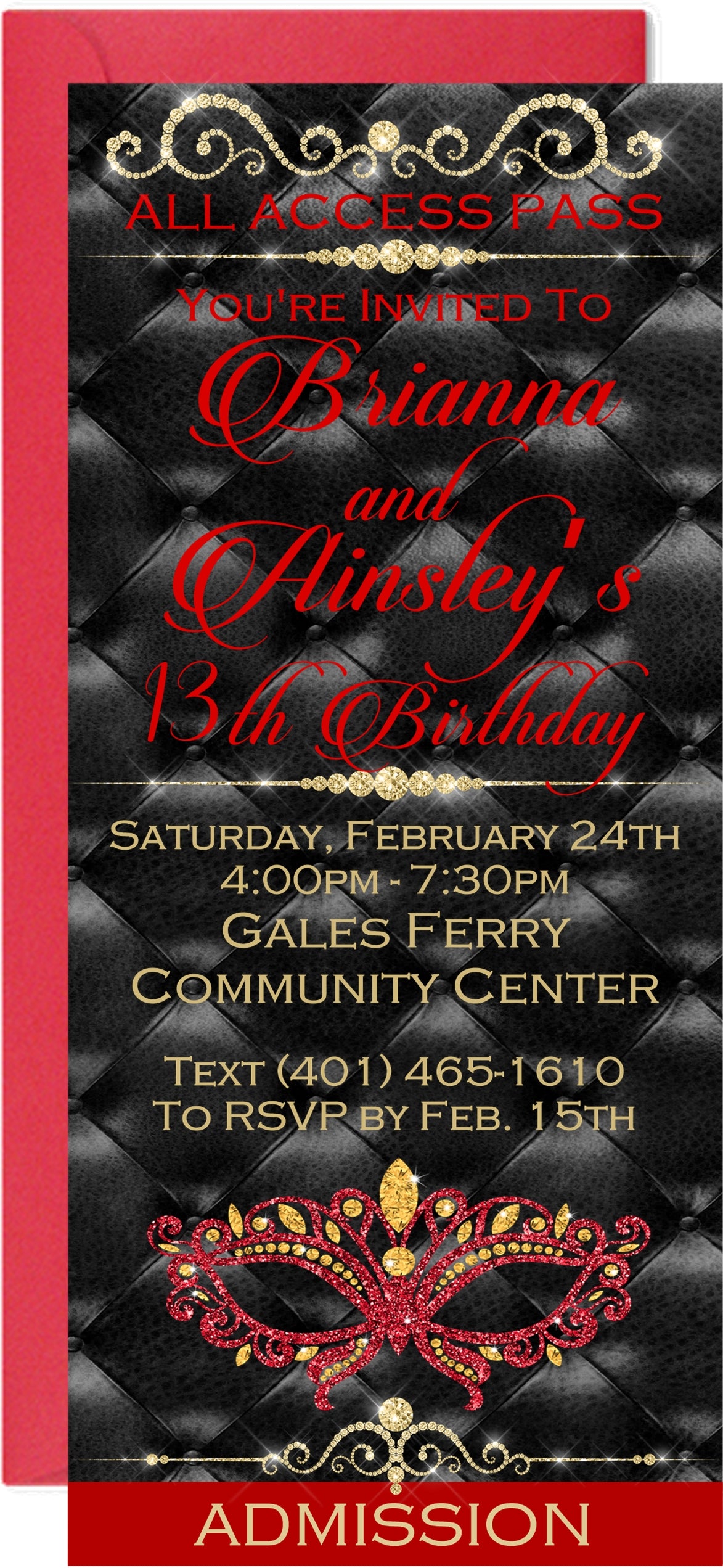 Red masquerade ticket invitation featuring decorative mask and admission pass design