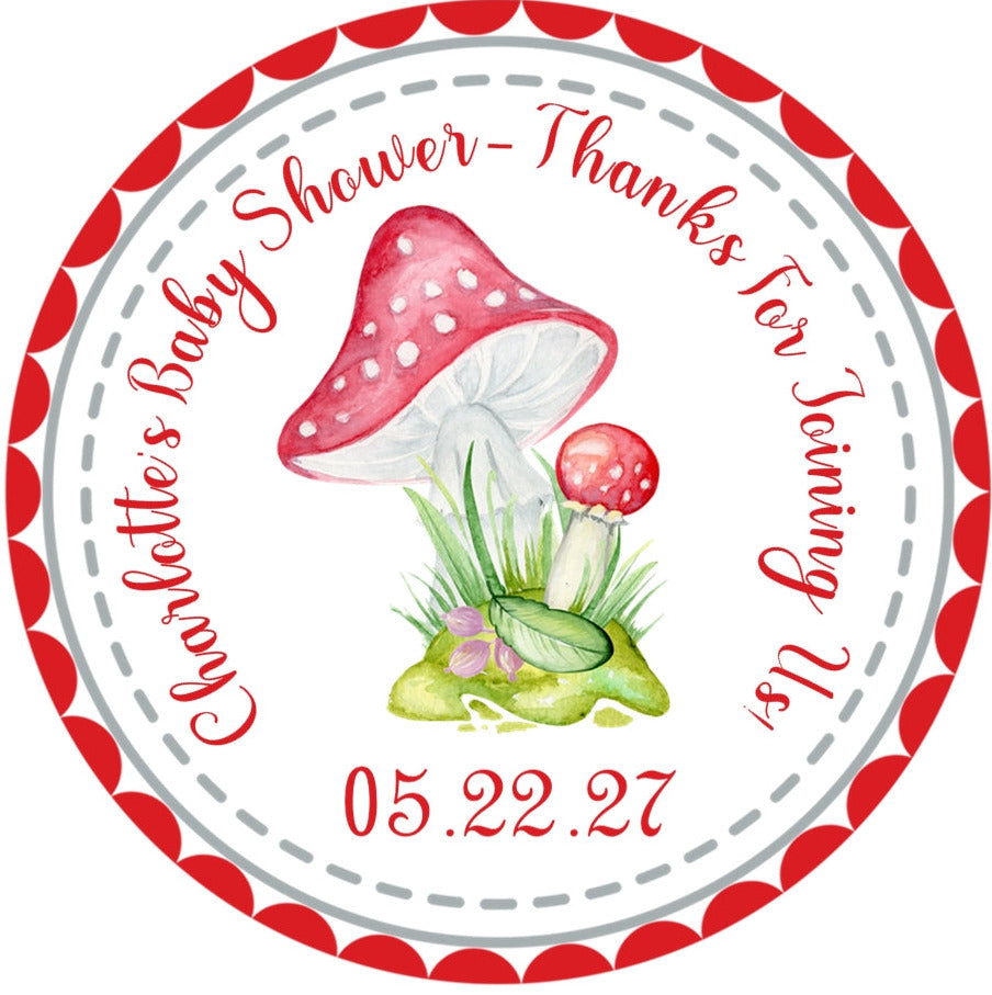 Red mushroom baby shower sticker with forest theme and watercolor design