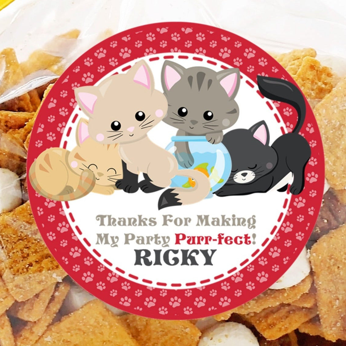 Red paw print kitten birthday sticker with four cats