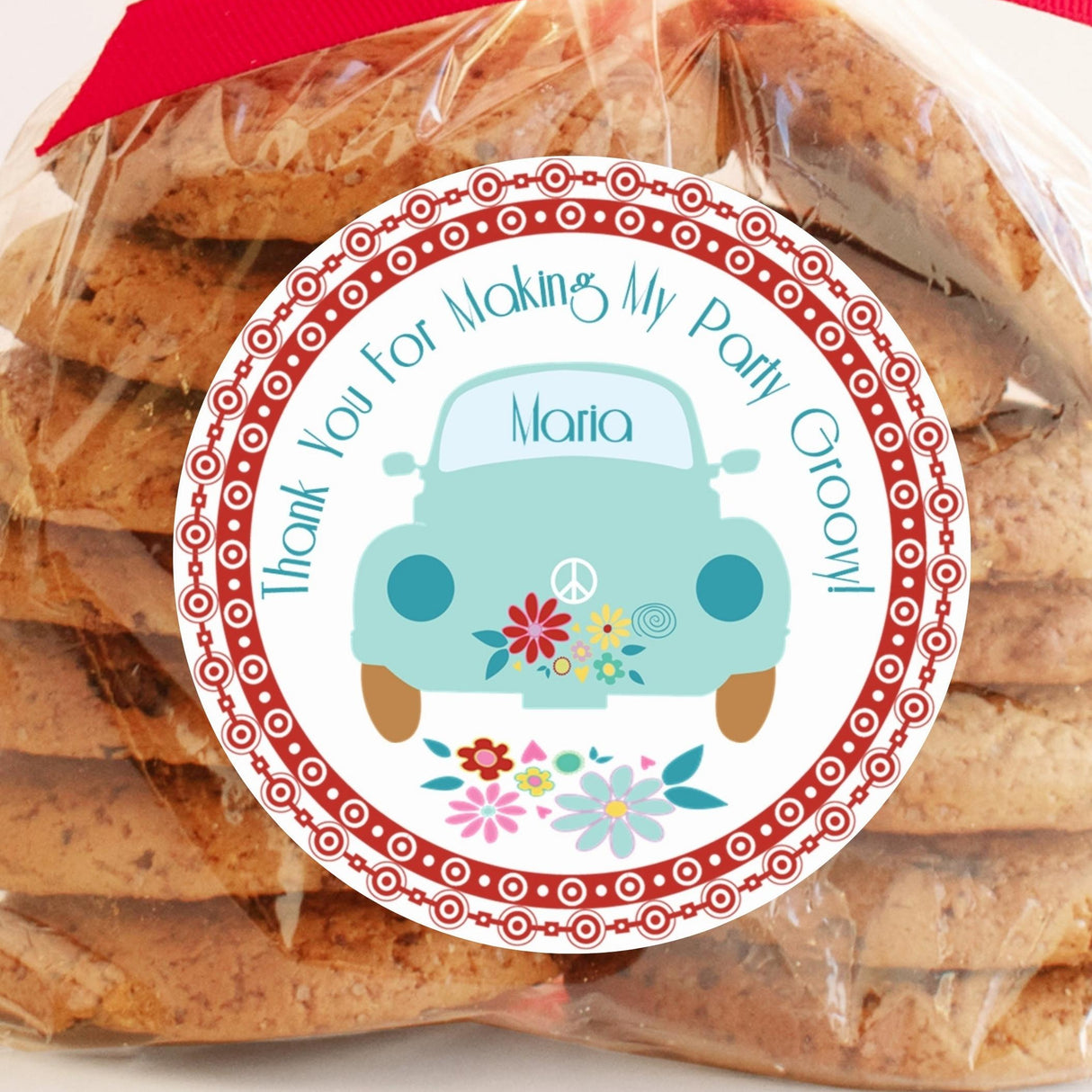 Retro flower power birthday sticker with name Maria