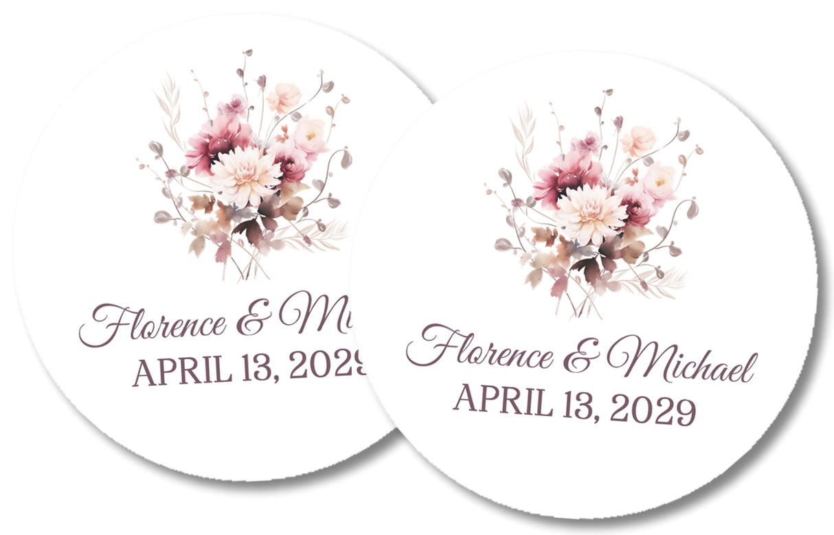 Romantic floral wedding favor sticker in pink and burgundy tones