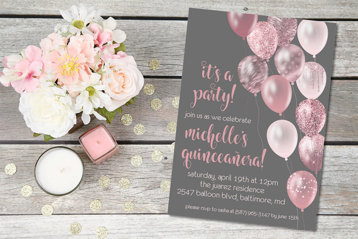 Rose Gold And Grey Balloon Quinceanera Invitations