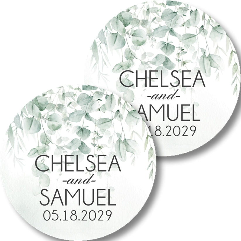 Round eucalyptus wedding stickers for favors, envelopes, gifts, and wedding stationery.