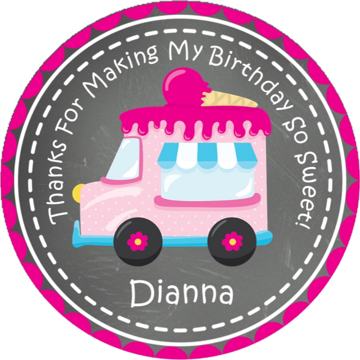 Round girls birthday sticker featuring dessert truck and ice cream design