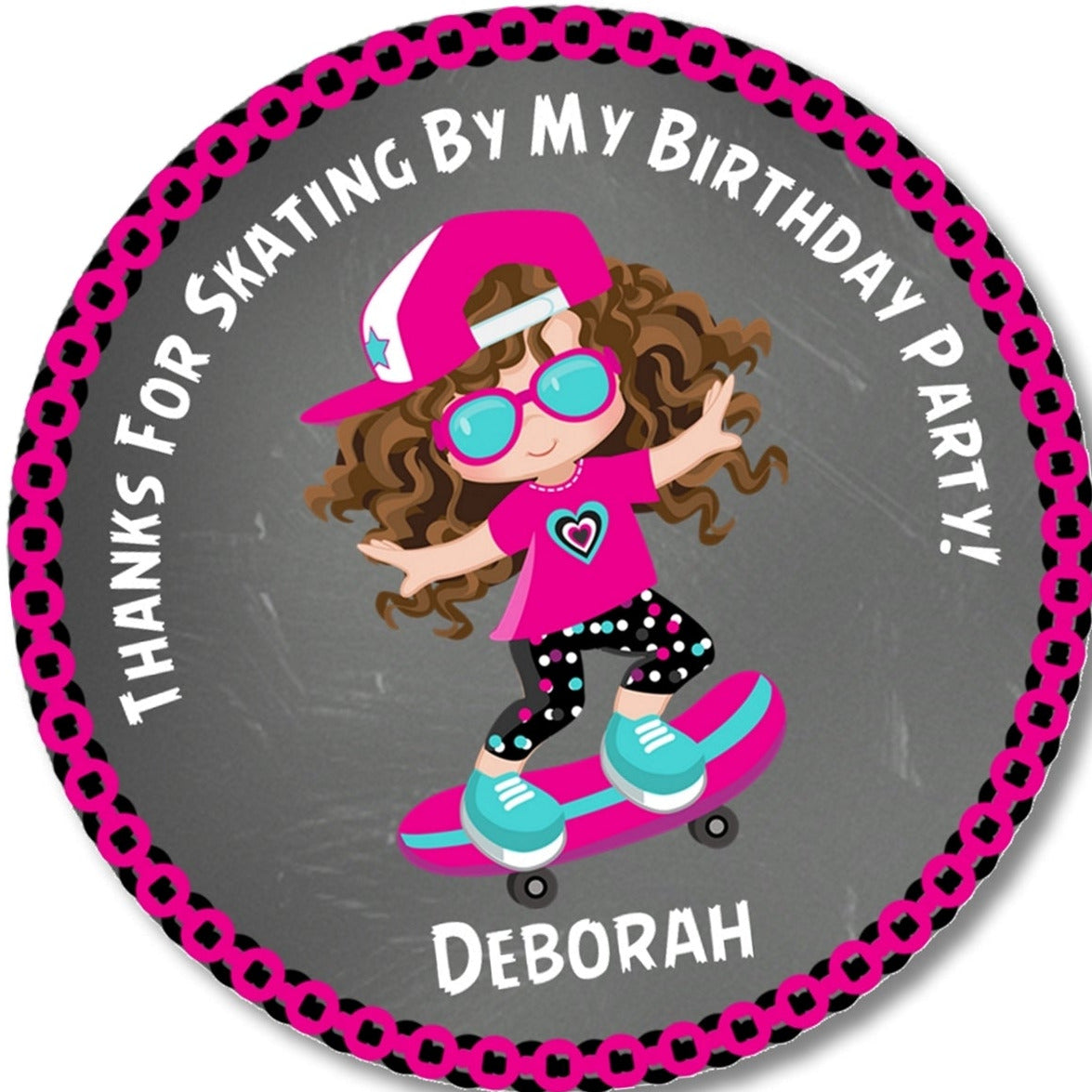 Round party favor label with a girl on a skateboard, pink border, and text.