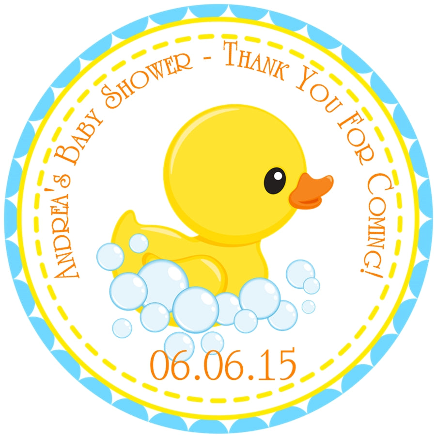 Rubber duck baby shower sticker with bubbles and blue accents
