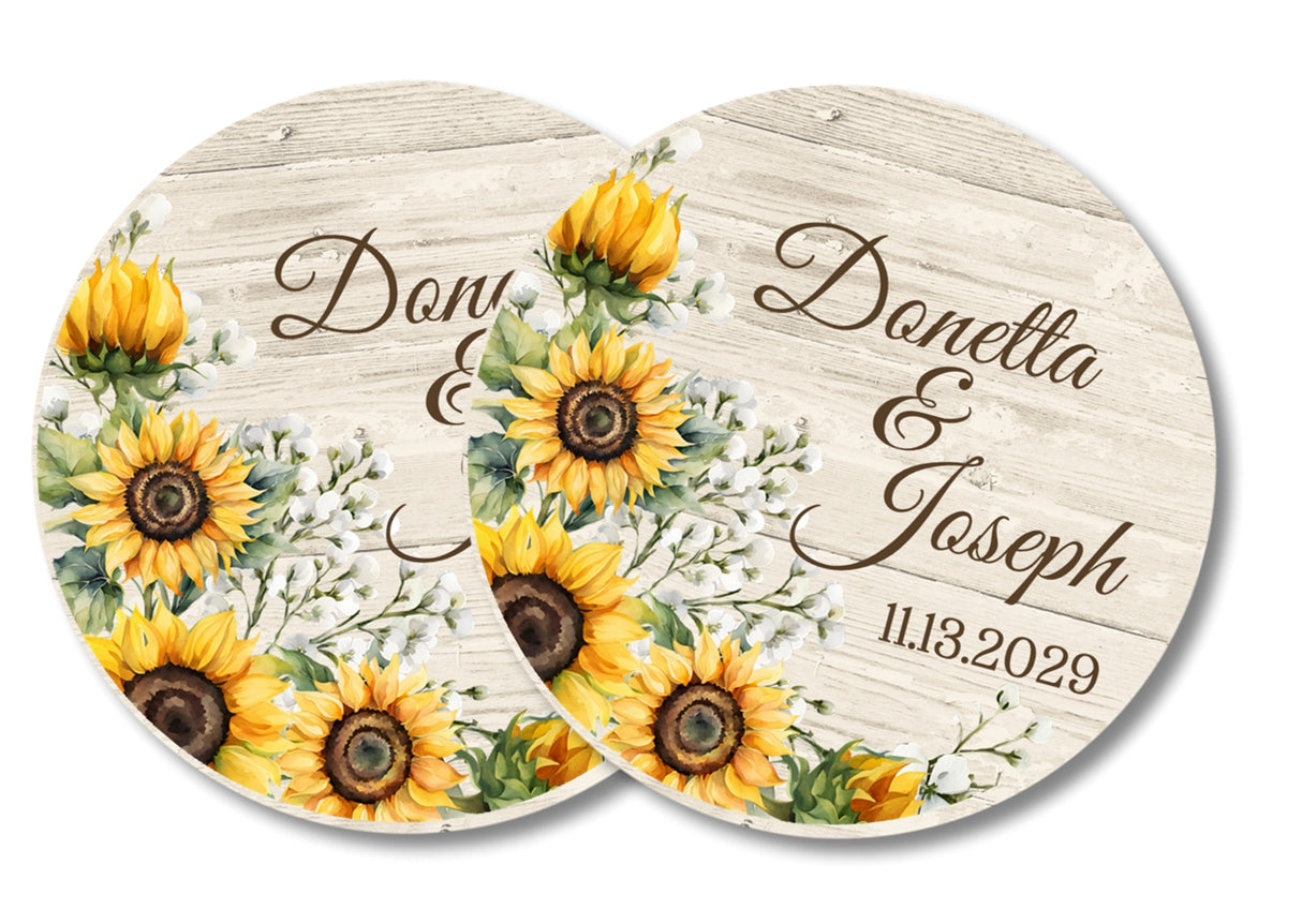 Rustic sunflower wedding favor label with yellow florals and greenery