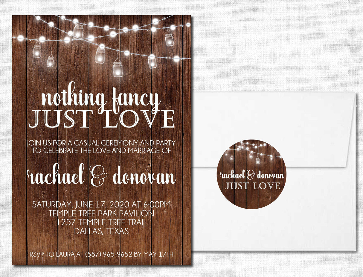 Rustic wedding invitation featuring wood background and glowing string lights