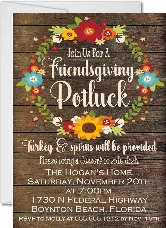 Rustic wood background Friendsgiving potluck invitation with floral wreath