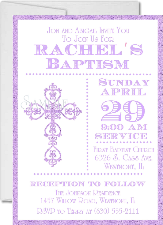 Classic Cross Baptism Invitations in Silver Gold Lavender Pink and Blue