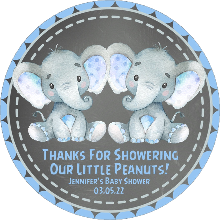Single and twin elephant baby shower stickers for favors
