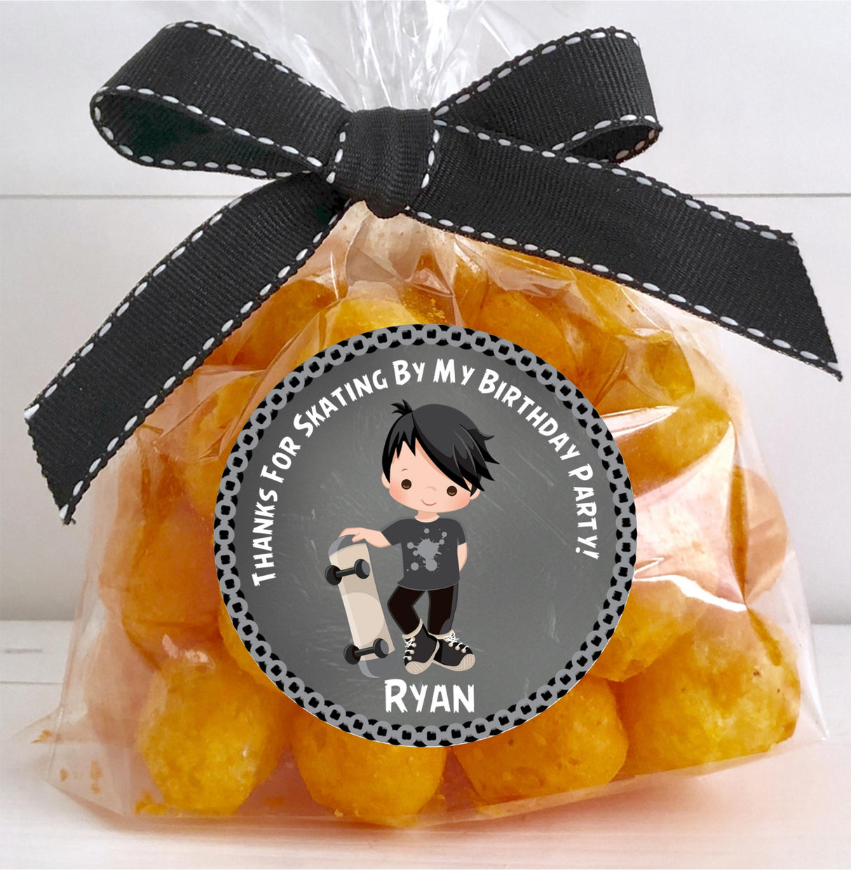 Skateboarding birthday favor label in gray