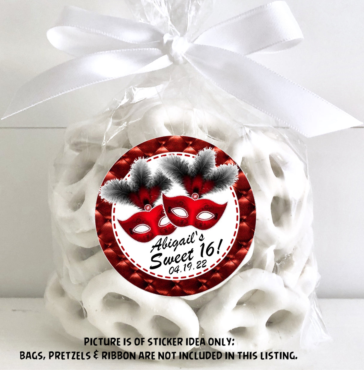 Sweet 16 red and black masquerade favor label with custom name