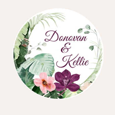 Tropical greenery wedding sticker with palm leaves and flowers