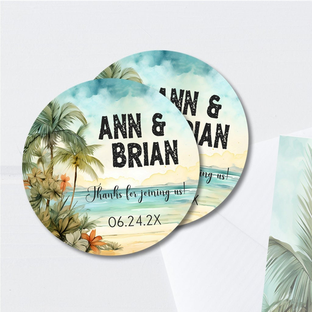 Tropical wedding favor sticker with coastal scenery