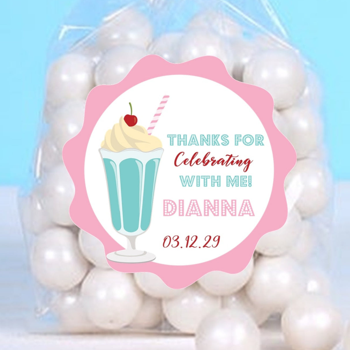 Turquoise 1950s milkshake sticker with whipped cream and cherry