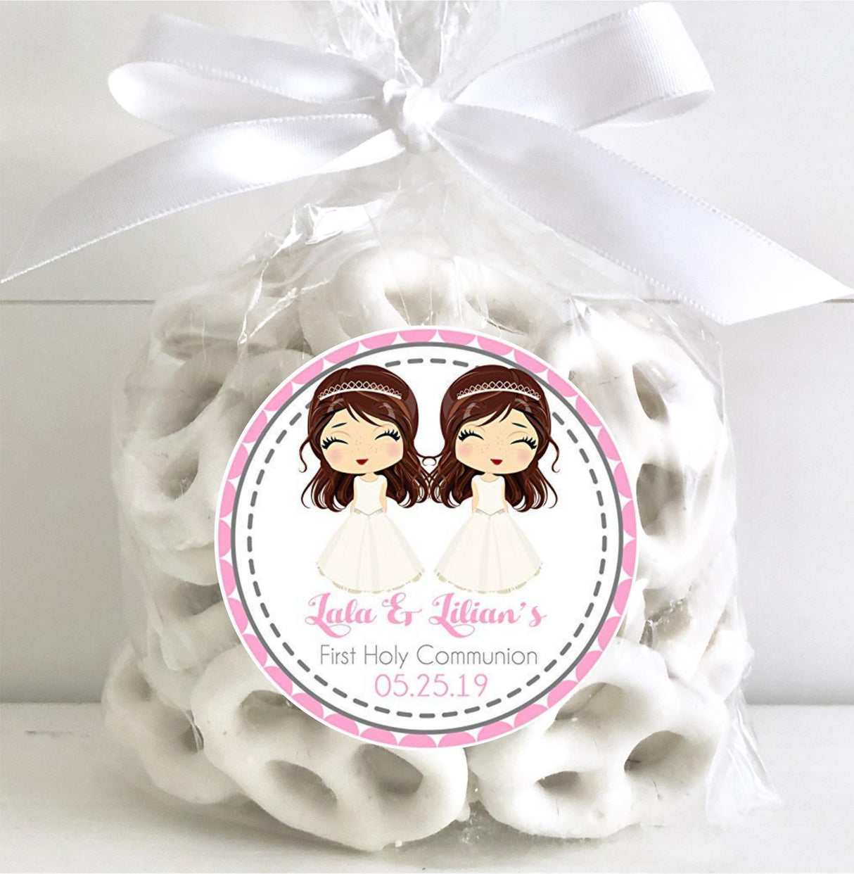 Twin girls pink First Communion sticker