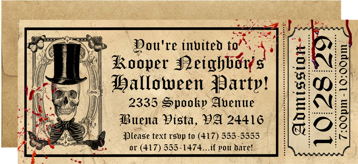 Vintage Halloween party invitation featuring antique Halloween artwork and admission ticket design