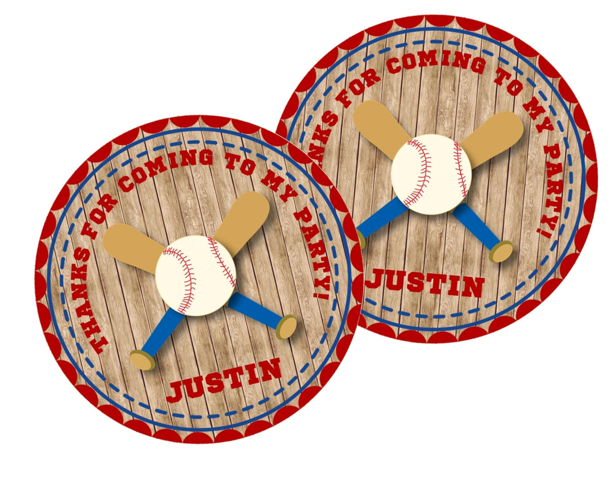 Wood background baseball favor label with red and blue border