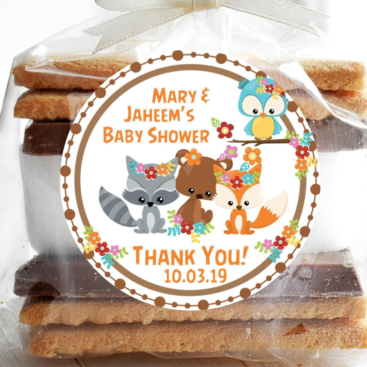 Woodland animals baby shower stickers with owl, fox, and raccoon.