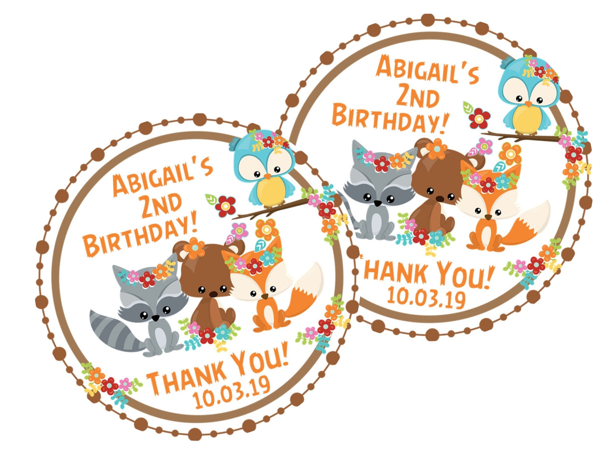 Woodland party favor label with beaver illustration