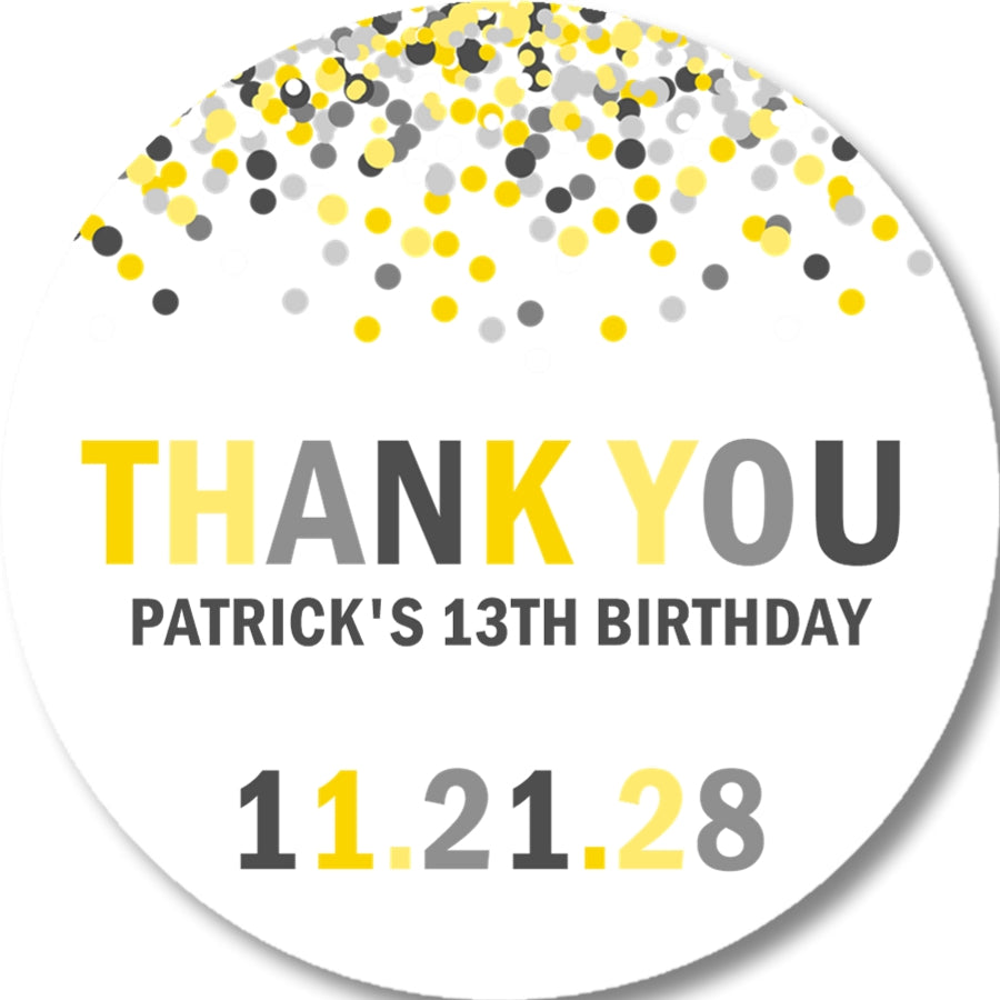 Yellow and gray confetti birthday sticker with personalized name and age