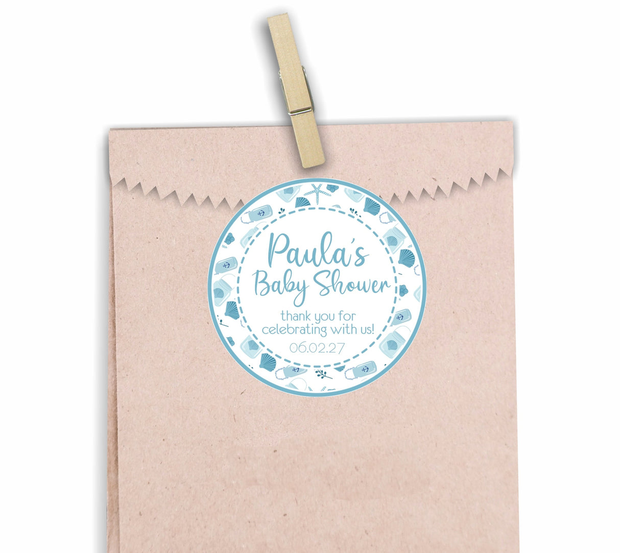 blue coastal baby shower sticker with seashell and ocean pattern