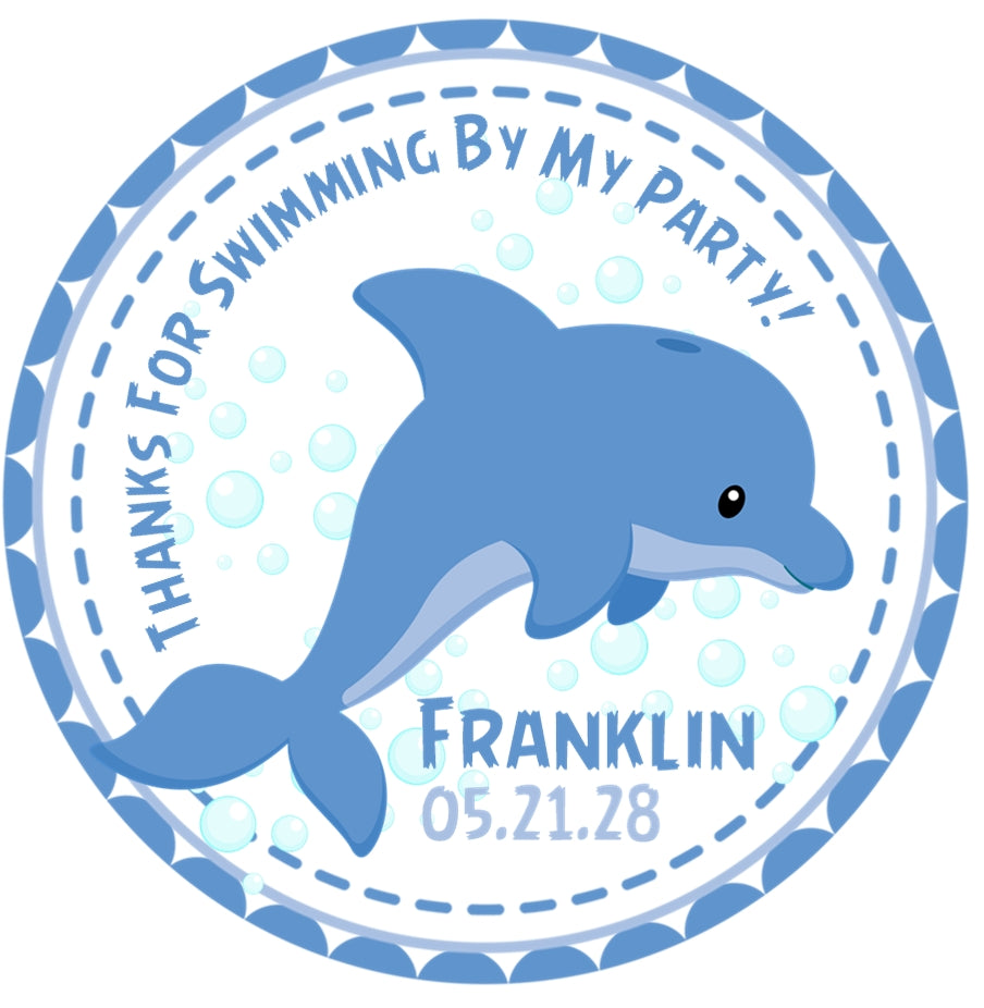 blue dolphin birthday sticker with bubbles and ocean theme