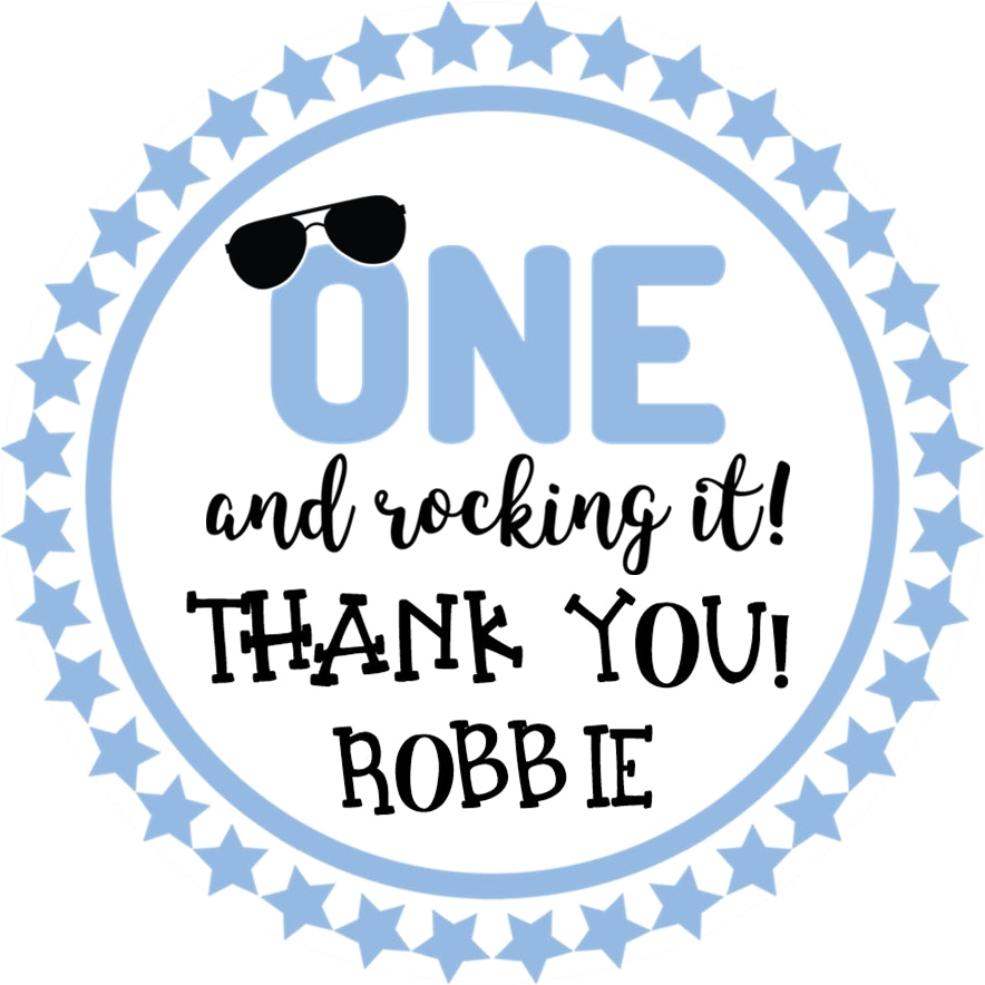 blue first birthday sticker with one rocking it design