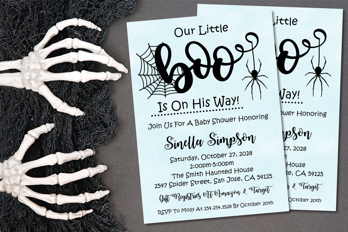 blue halloween baby shower invitations pink spooky theme