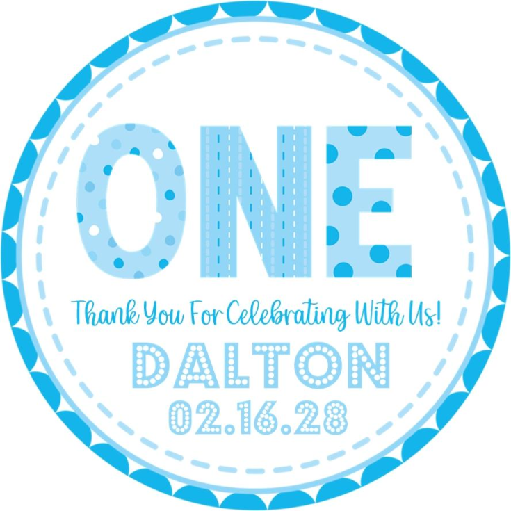 blue one birthday sticker with stitched border and pattern design