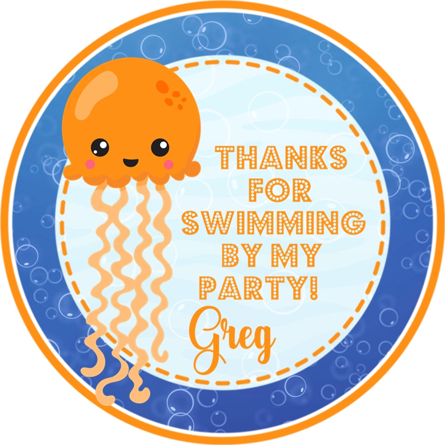blue orange under the sea party sticker with jellyfish and bubbles
