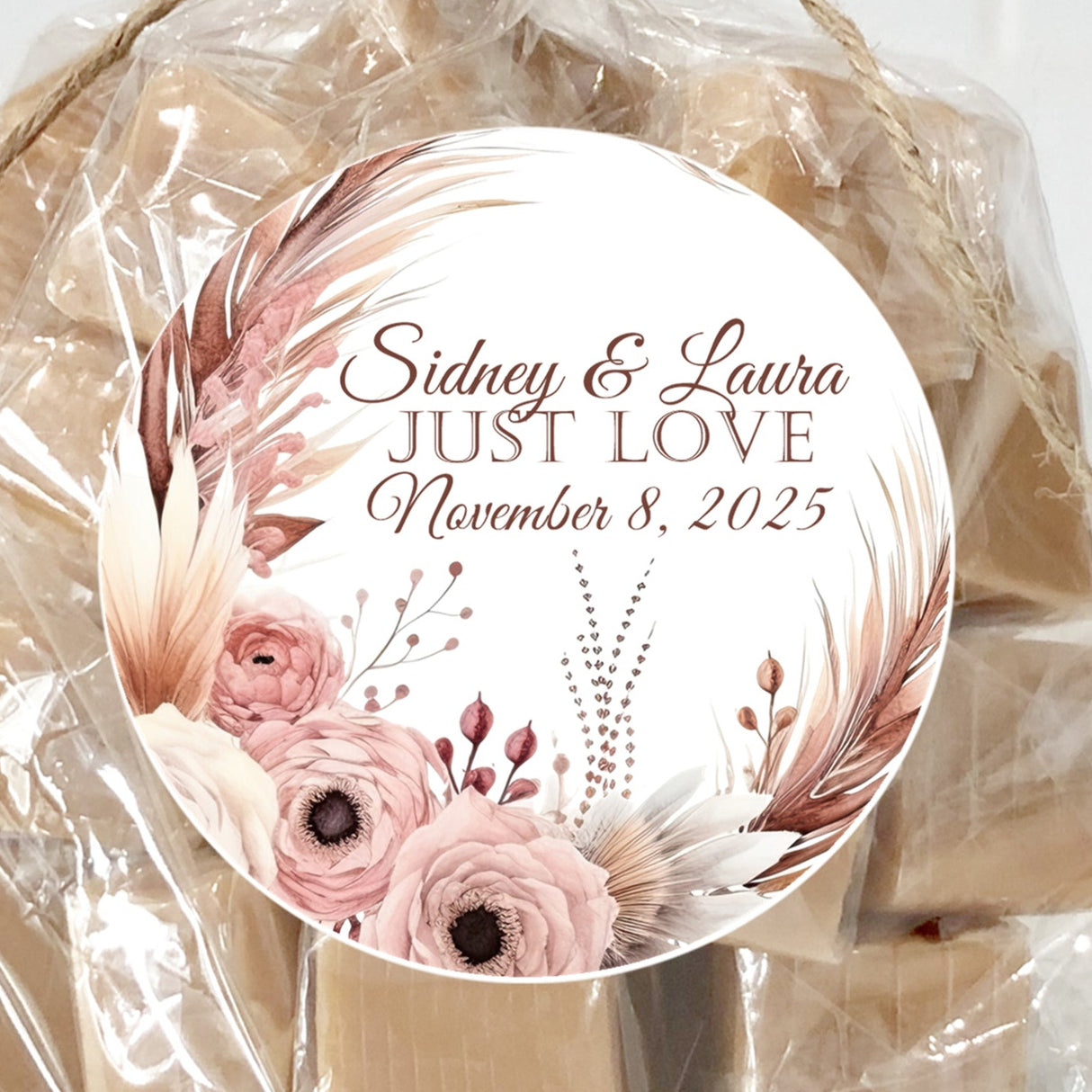 boho pampas grass wedding sticker with just love wording