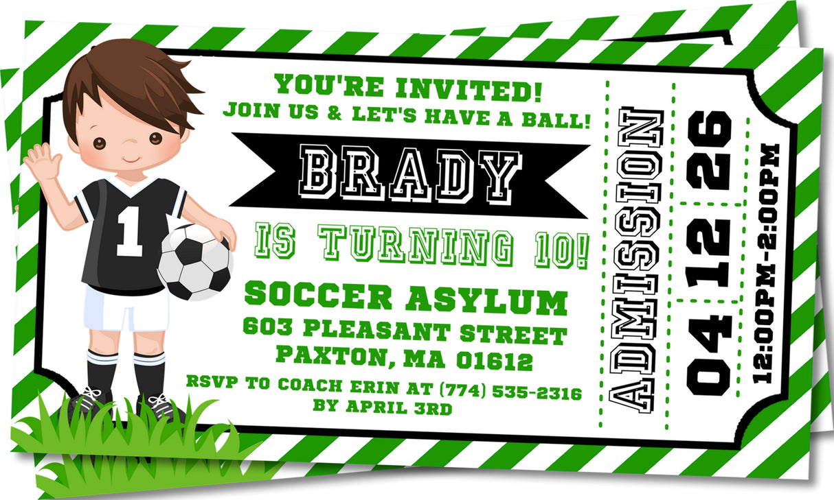 boys soccer birthday party invitations green ticket design