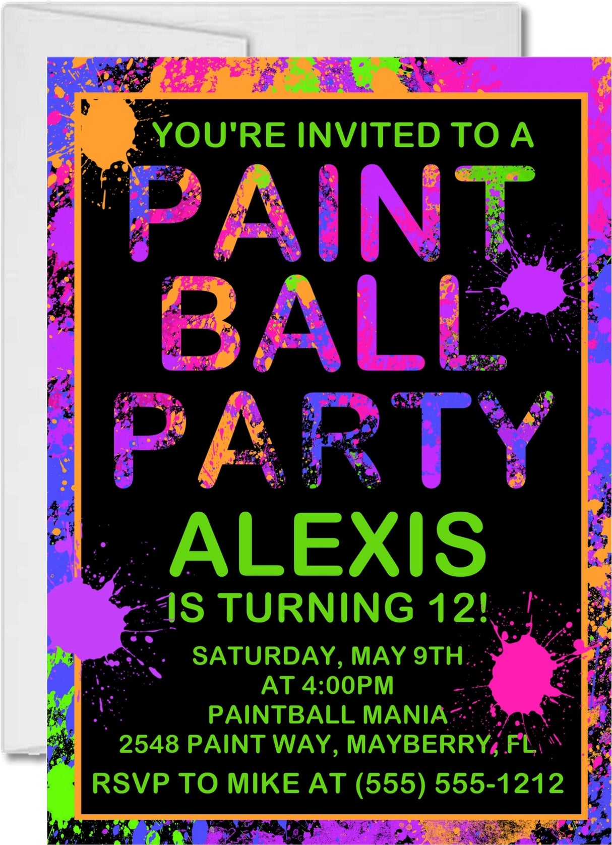 colorful paintball party invitations neon paint splatter design