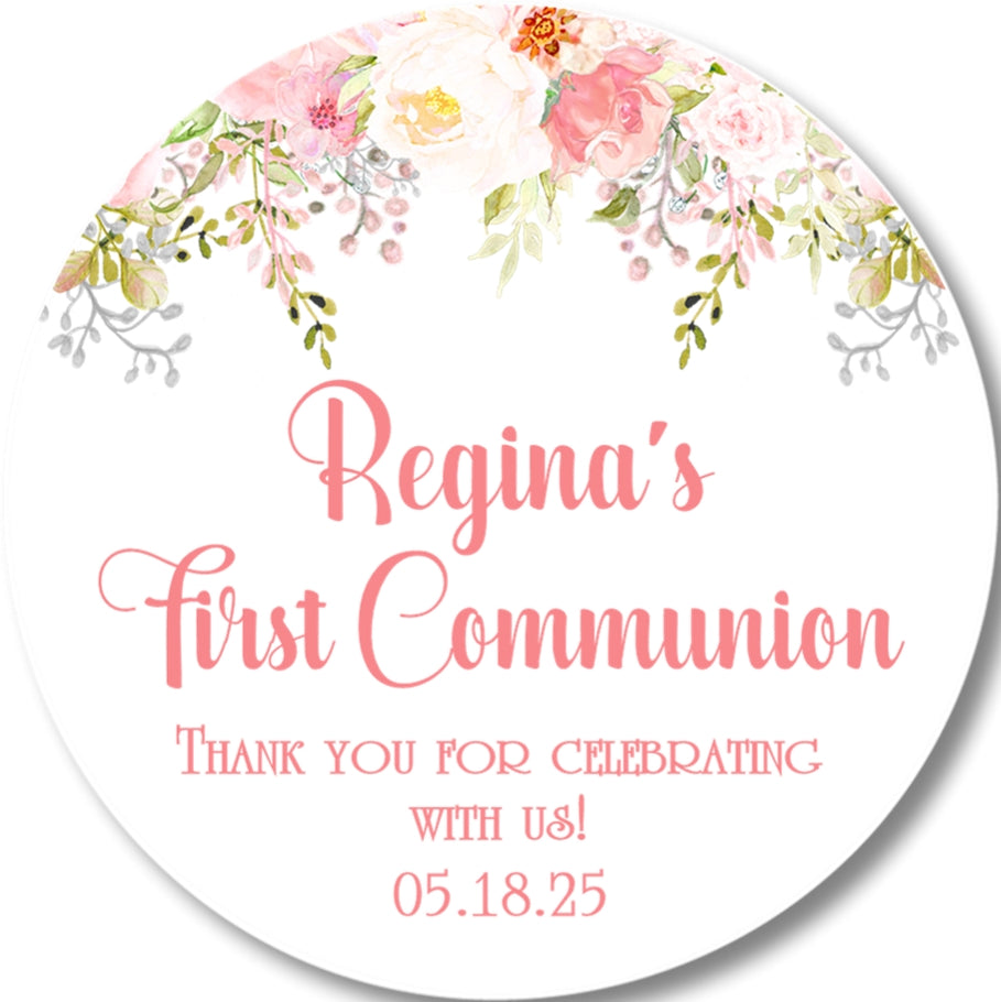 Pink Rose First Communion Stickers – Blush Pink, Rose Gold, Burgundy Floral Communion Favor Labels